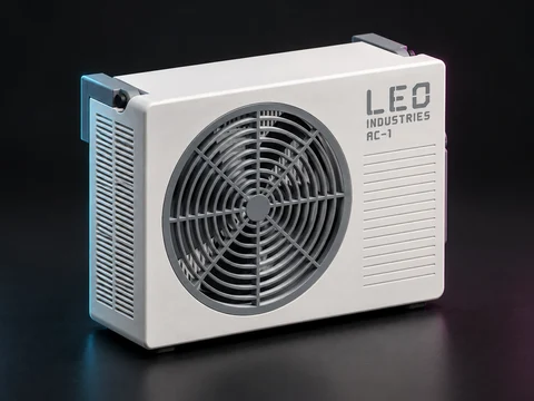 Studio render of the white LEO INDUSTRIES AC-1 miniature air-conditioner-style fan with a grey circular grille and folding handle.