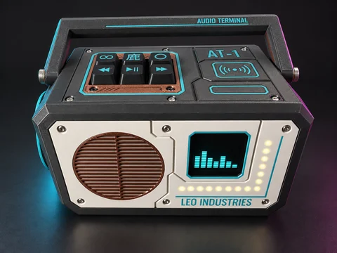 Studio render of the LEO INDUSTRIES AT-1 audio player with a copper speaker grille, white front, turquoise details and six playback keys.