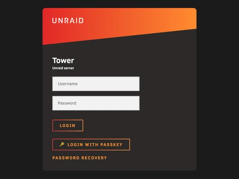 Unraid login page with username and password fields and the Login with passkey button.